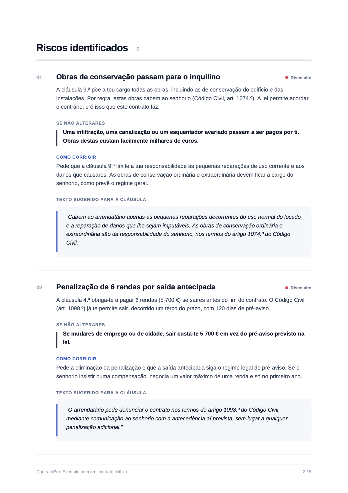 Página de riscos do relatório de exemplo: cada risco com o que perdes se não alterares, o que pedir para mudar e o texto sugerido para a cláusula.